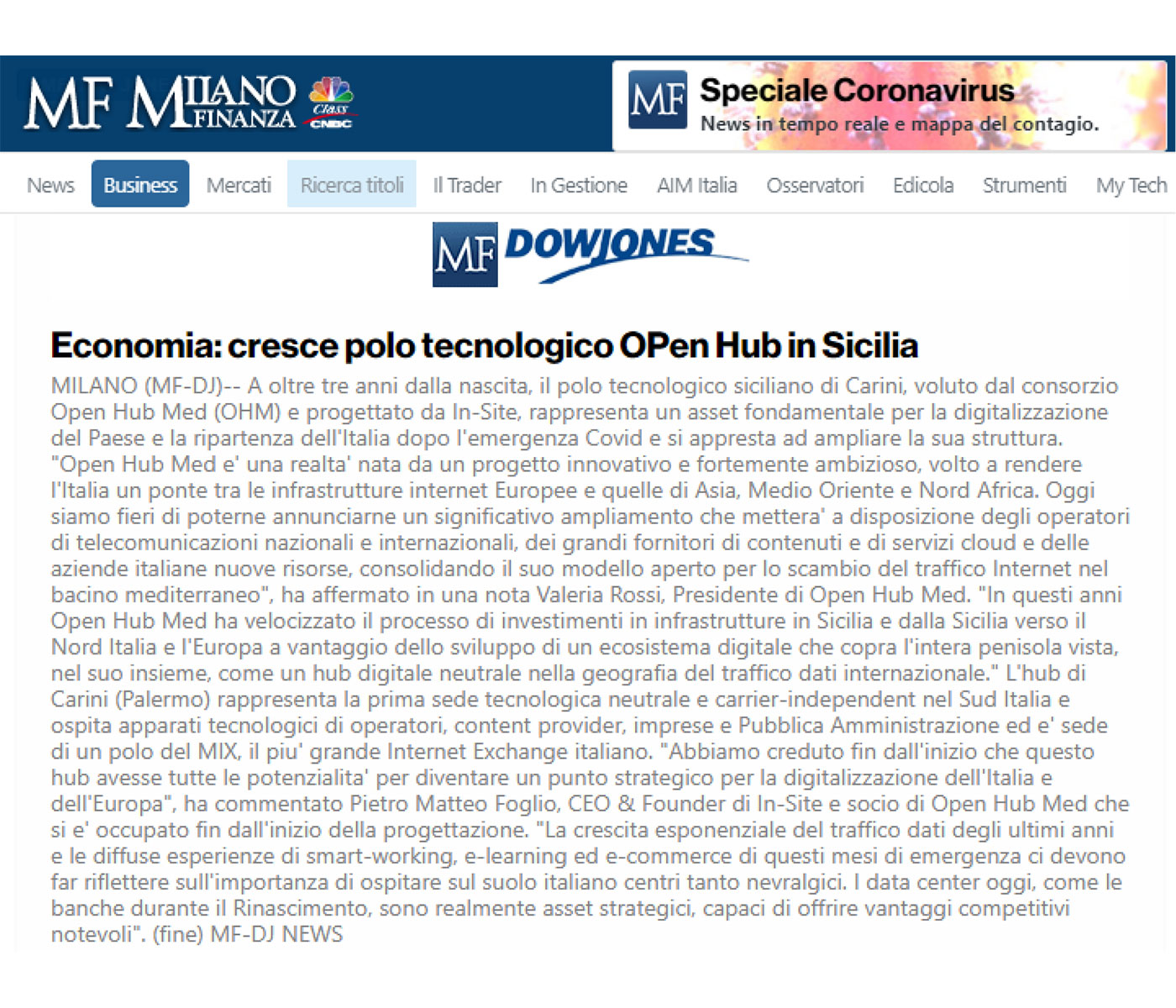 articolo MilnoFinanza: Cresce il polo tecnologico di Open Hub Med in Sicilia